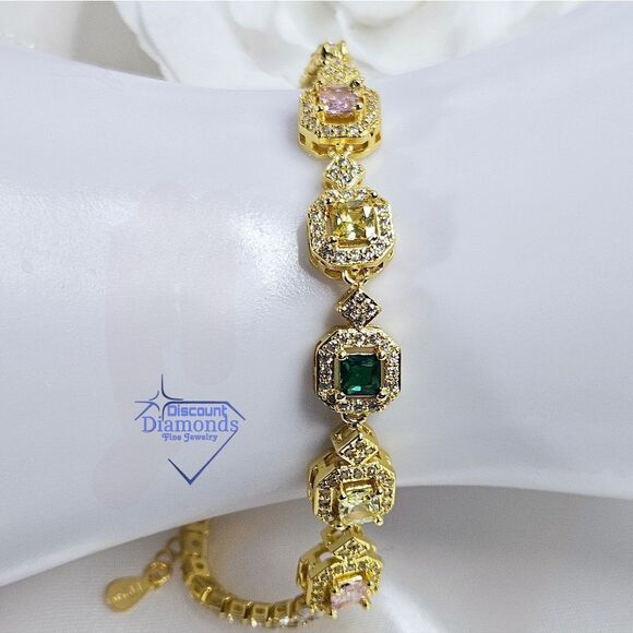 Green, Pink, & White Topaz Tennis Bracelet on Platinum - Stamped PT 950 … - Picture 3 of 8